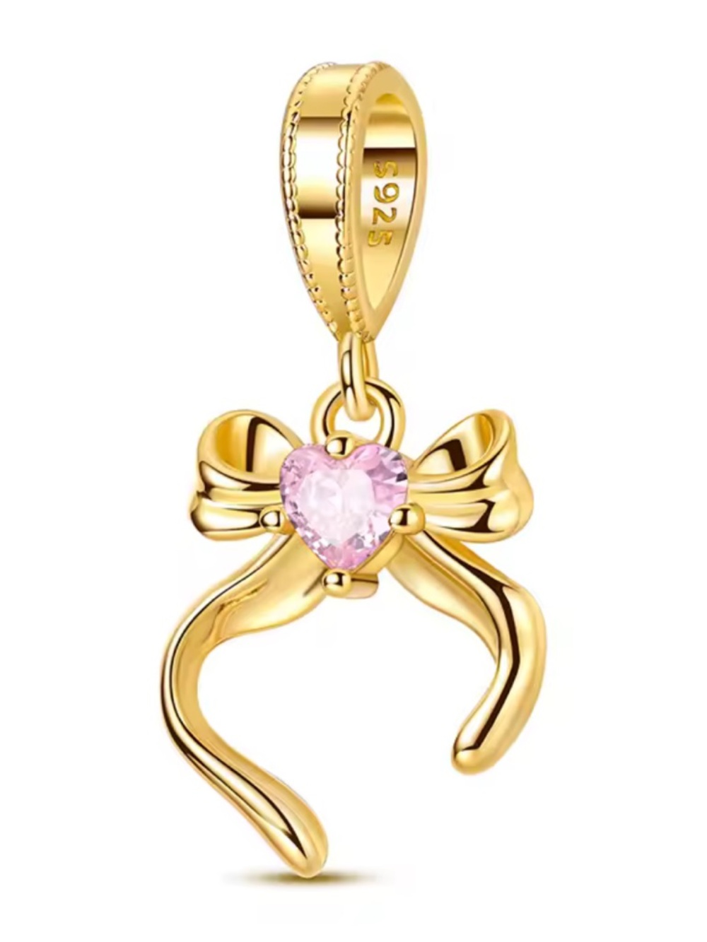 NWOT Gold Ribbon Bow with Pink Heart Dangle Charm Sterling Silver 925